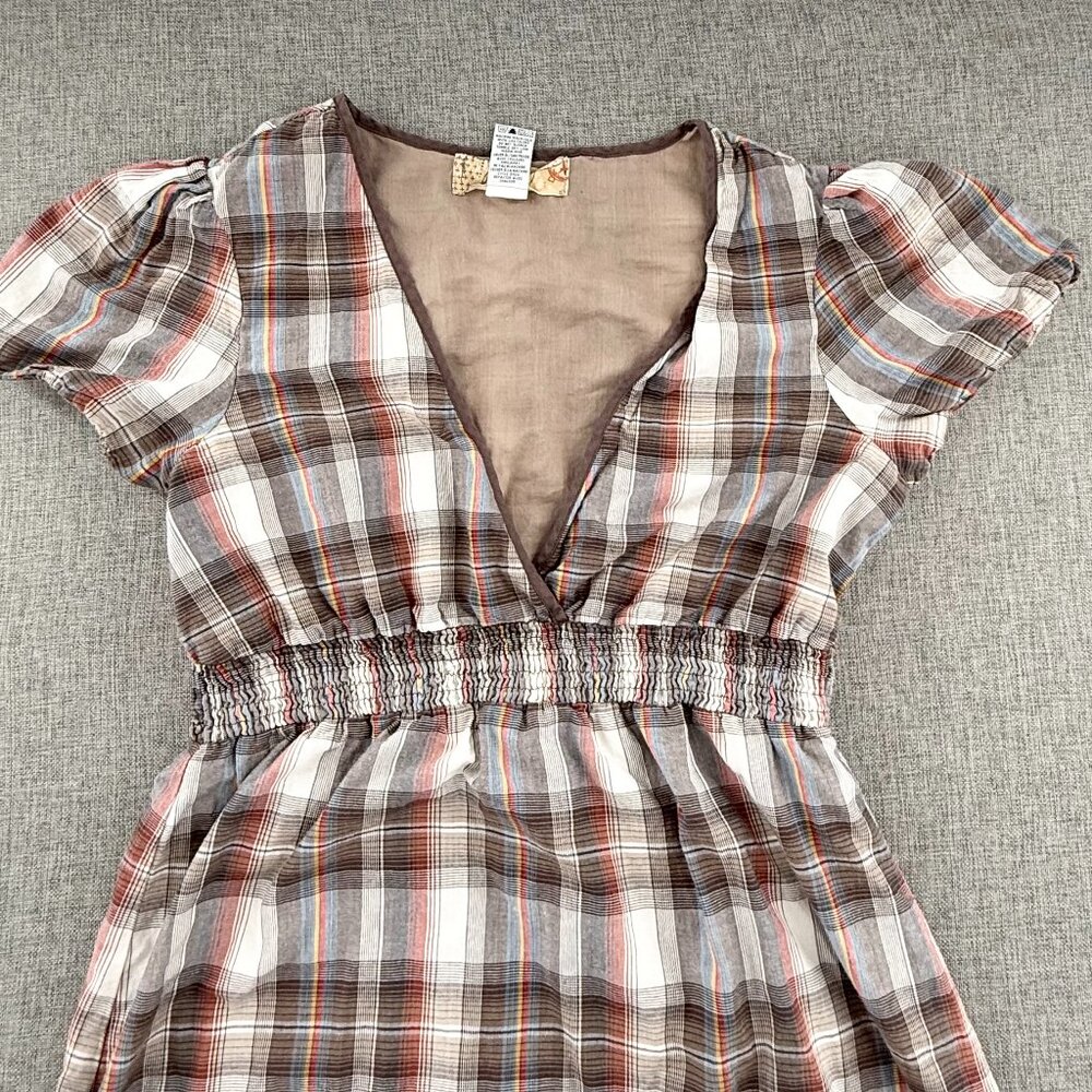 Billabong Vintage Plaid Dress Lined Low V-Neck Short Sleeve 100% Cotton Large - Picture 2 of 14
